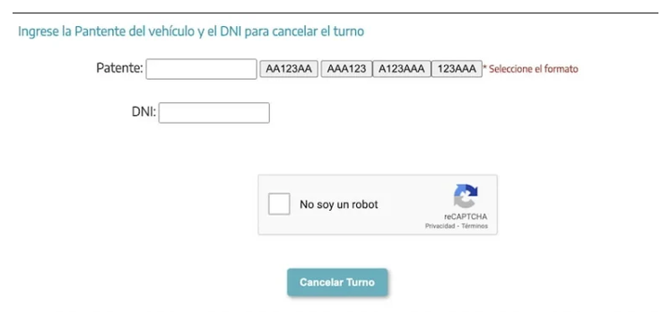 Pantalla para cancelar el turno de la VTV en Castelli con patente y DNI
