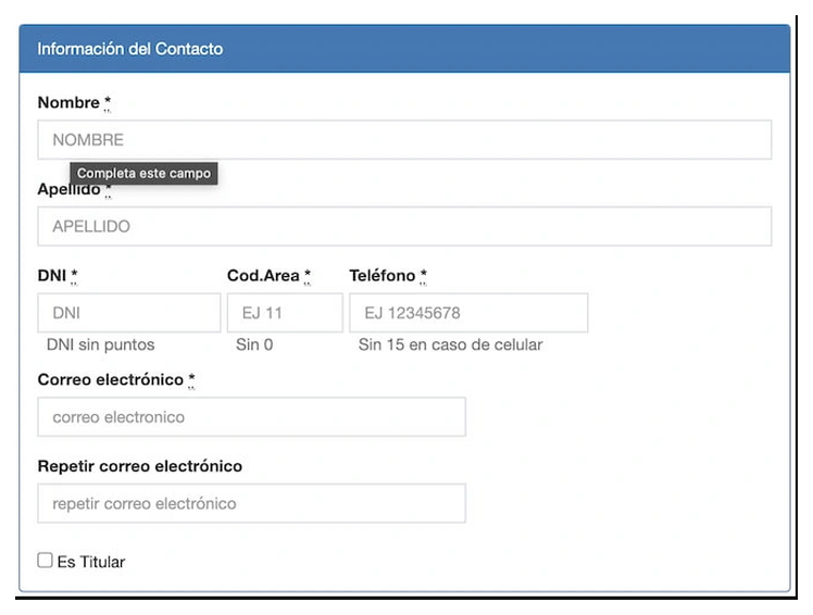 Paso 2 para sacar turno de la VTV en Castelli: información del contacto